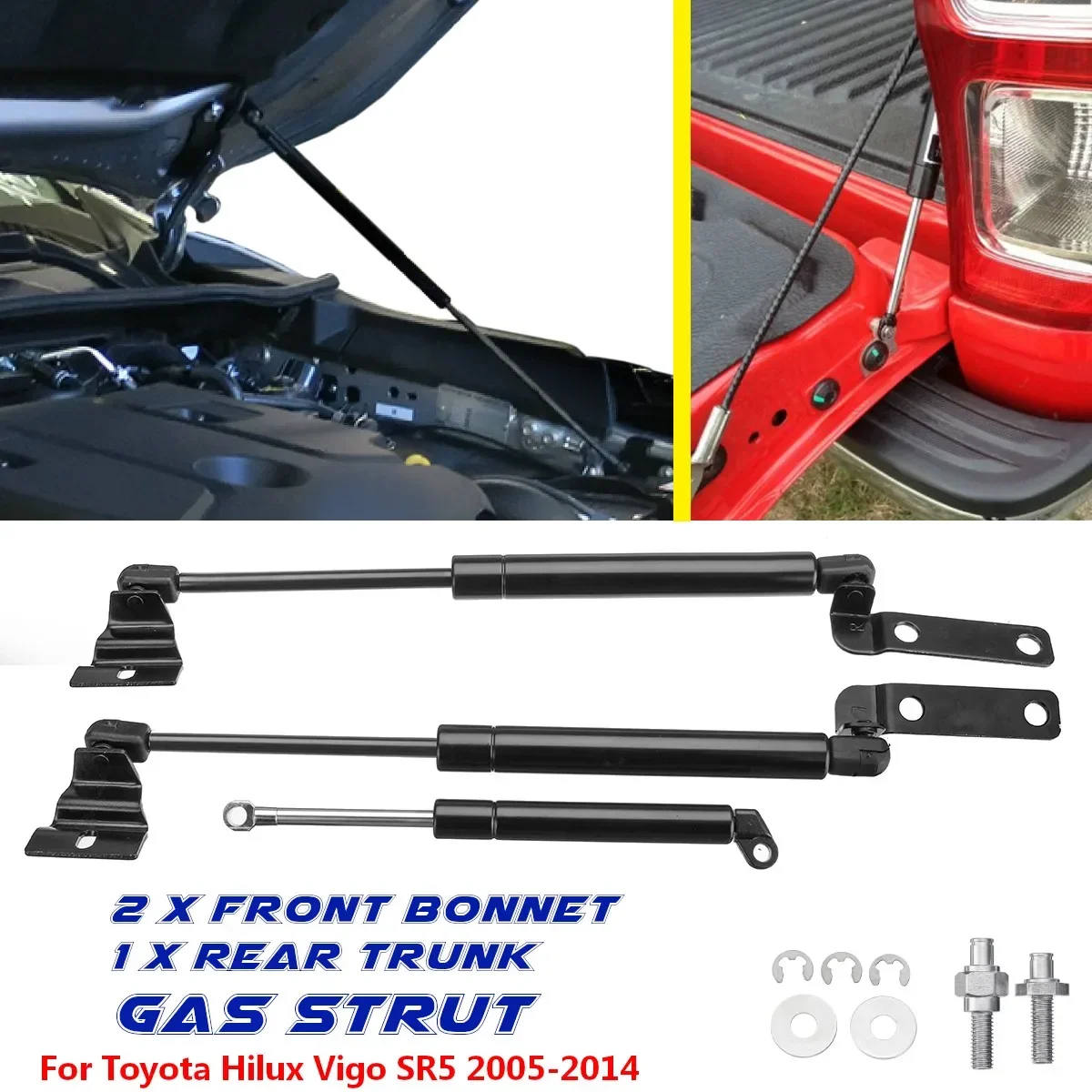 3pc Front Bonnet Tailgate Gas Lift Support Struts For Toyota Hilux Vigo SR5 2005 2006 2007 2008 2009 2010 2011 2012 2013 2014