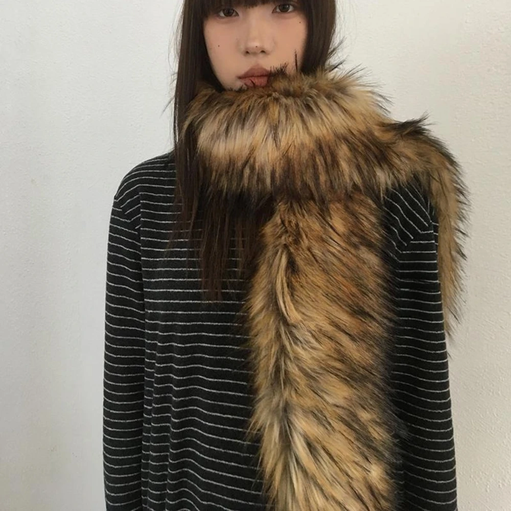 Y2K Women Faux Fox Fur Long Scarf Men Winter Warm Thickened Lengthened Scarf Neck Fur Collar Dress Cape Sexy Party Dress Shawls
