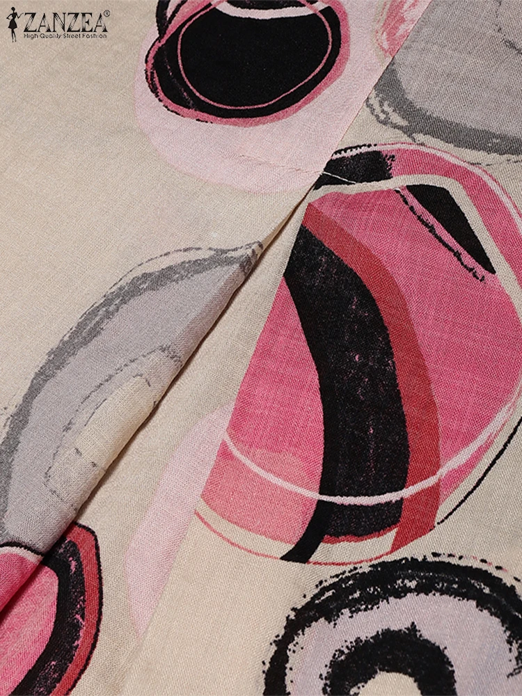 ZANZEA 여성 여름 코튼 린넨 미니 드레스 캐주얼 라운드 넥 민소매 인쇄 짧은 가운 휴가 데이웨어 Vestidos Mujer