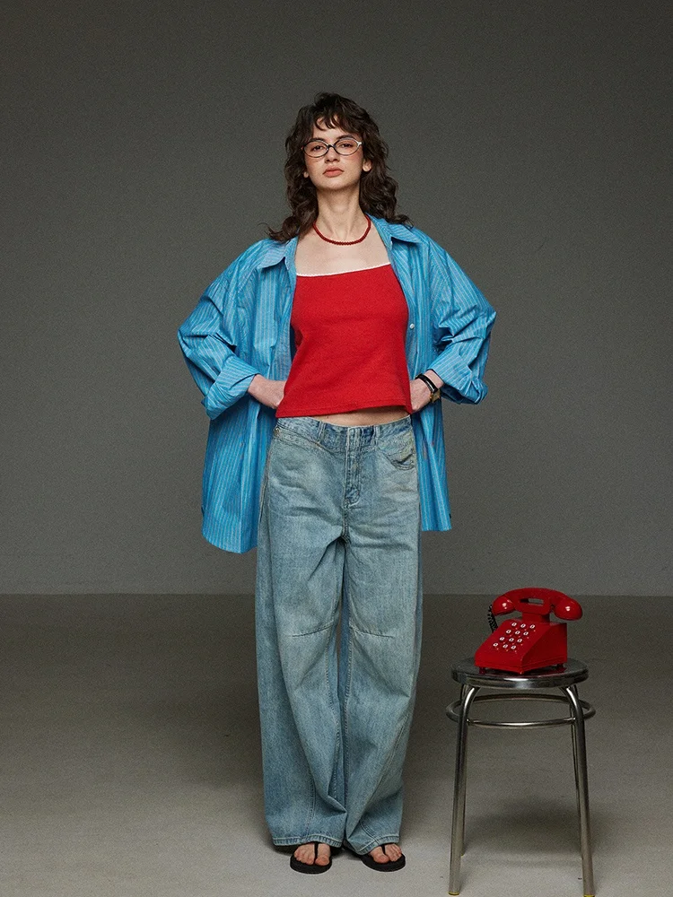 

LITLECOT Ретро-рубашка из синего хлопка в полоску, женская рубашка с длинными рукавами, весна-лето, новая универсальная рубашка, удобная свободная рубашка