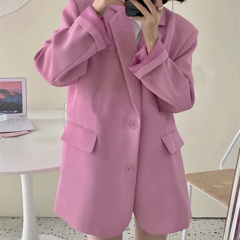 Spring Summerthin Loose Office Lady Fashionable Solid Color Blazers Button Pockets Notched Women\'s Clothing Long Sleeve Sweet