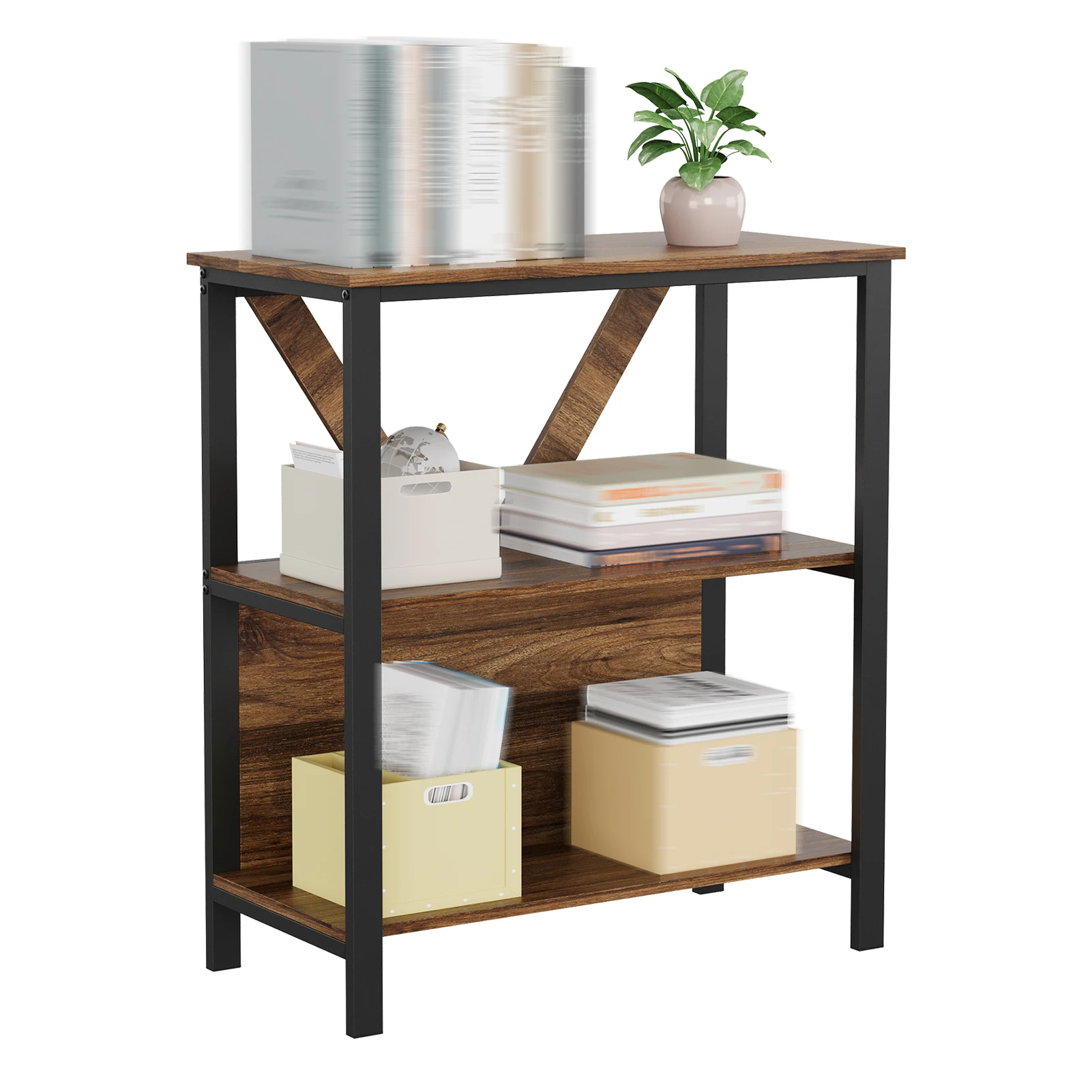 Bookshelf with LED Lights, Industrial Bookcase with Dimmable RGB Lighting, 3/4/5-Tier Freestanding Wood and Metal Display Shelf for Living Room, Home Office, Rustic Brown or Gray Finish