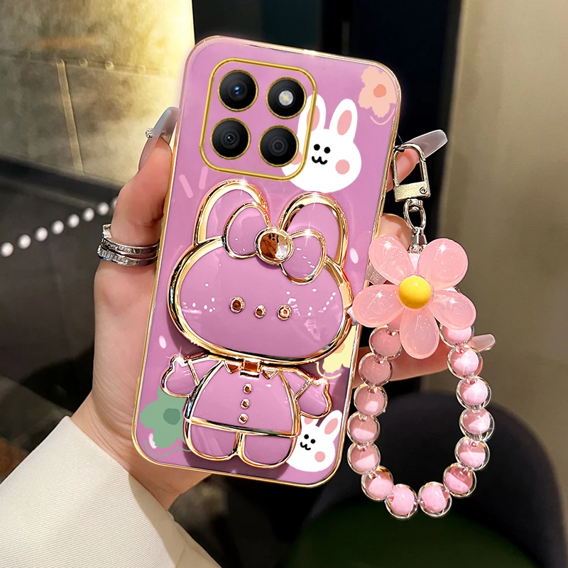 X 6A Flower Strap Rabbit Makeup Mirror Phone Holder Case On For Huawei Honor X6a HonorX6A Luxury Girl Woman Stand Back Cover