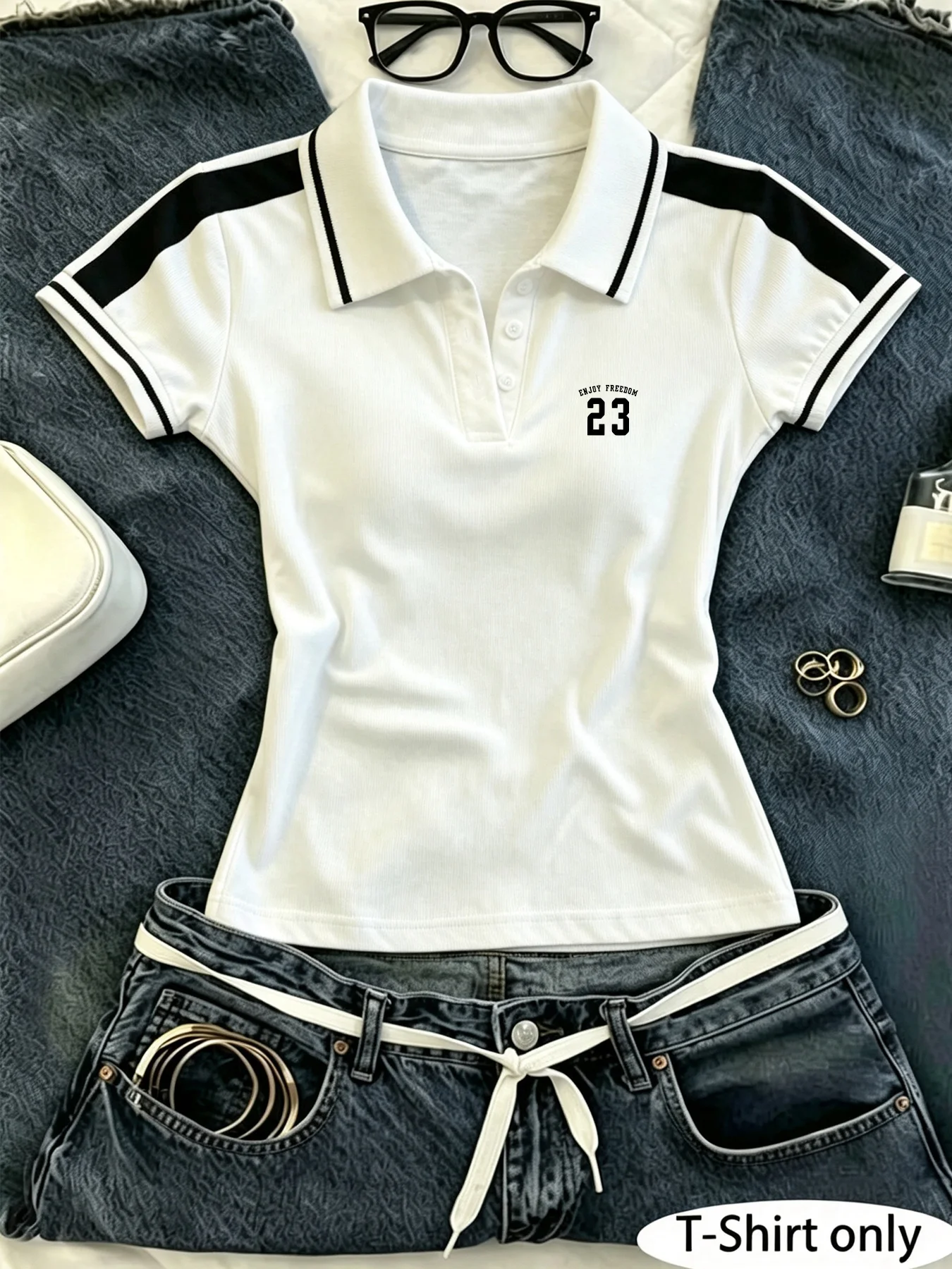 Women’s Y2K Cropped Polo Shirt, Minimal Number 23 Small Chest Logo Contrast Stripe Short Sleeve, Slim Fit Retro Sport Preppy