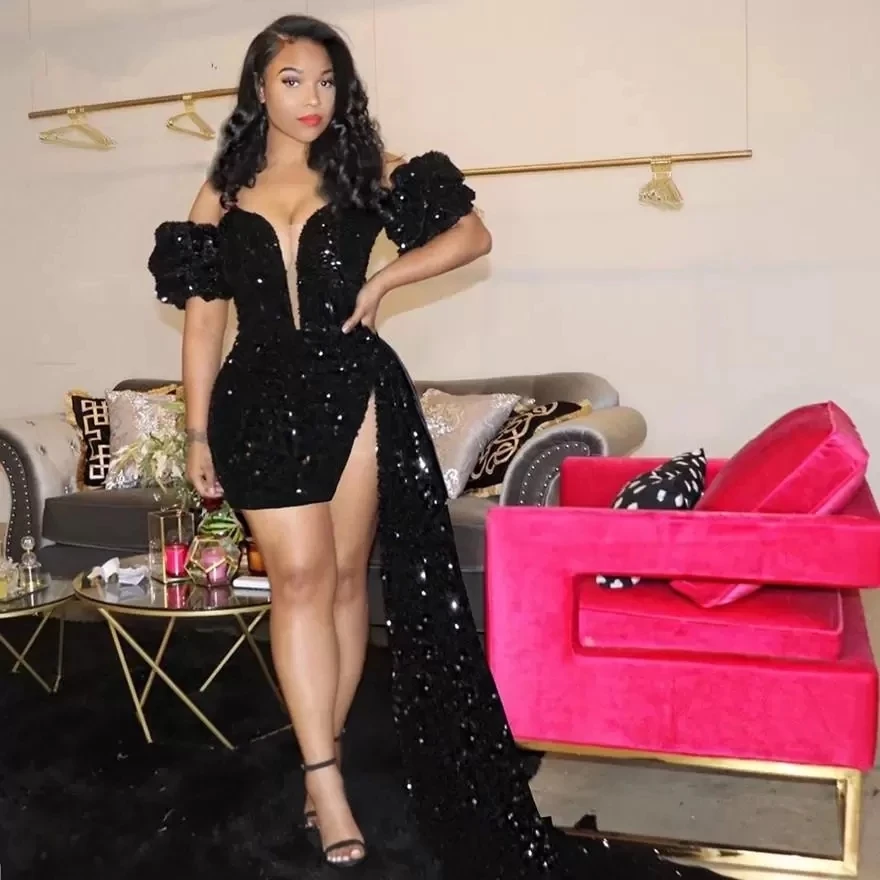 Gorgeous Glitter Black Homecoming Dress Sparkles Short Prom Dresses 2024 Zipper Long Puffy Sleeves Party Dress Robe De Soiree