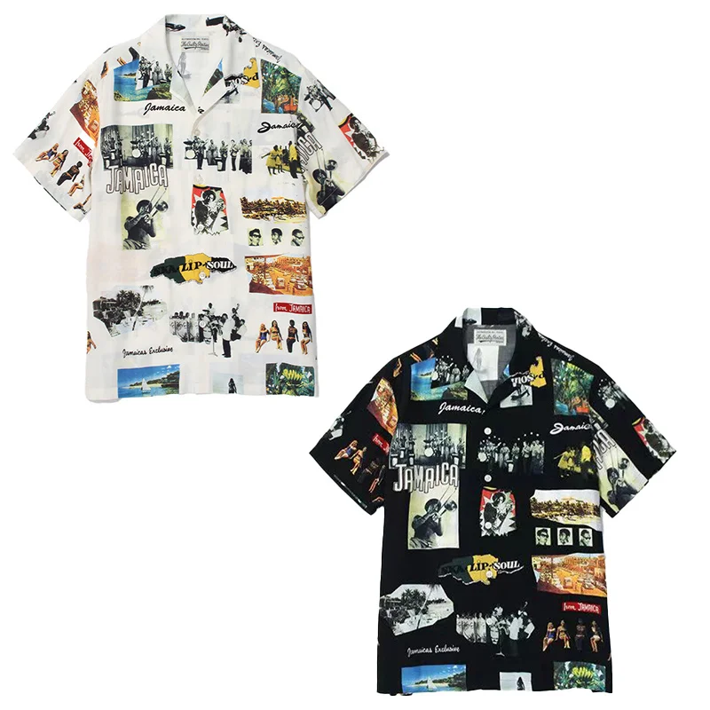 WACKO MARIA Print Photo Short Sleeve Shirt High Quality Vintage Casual Summer Mens Womens Shirt Hawaii Shirt