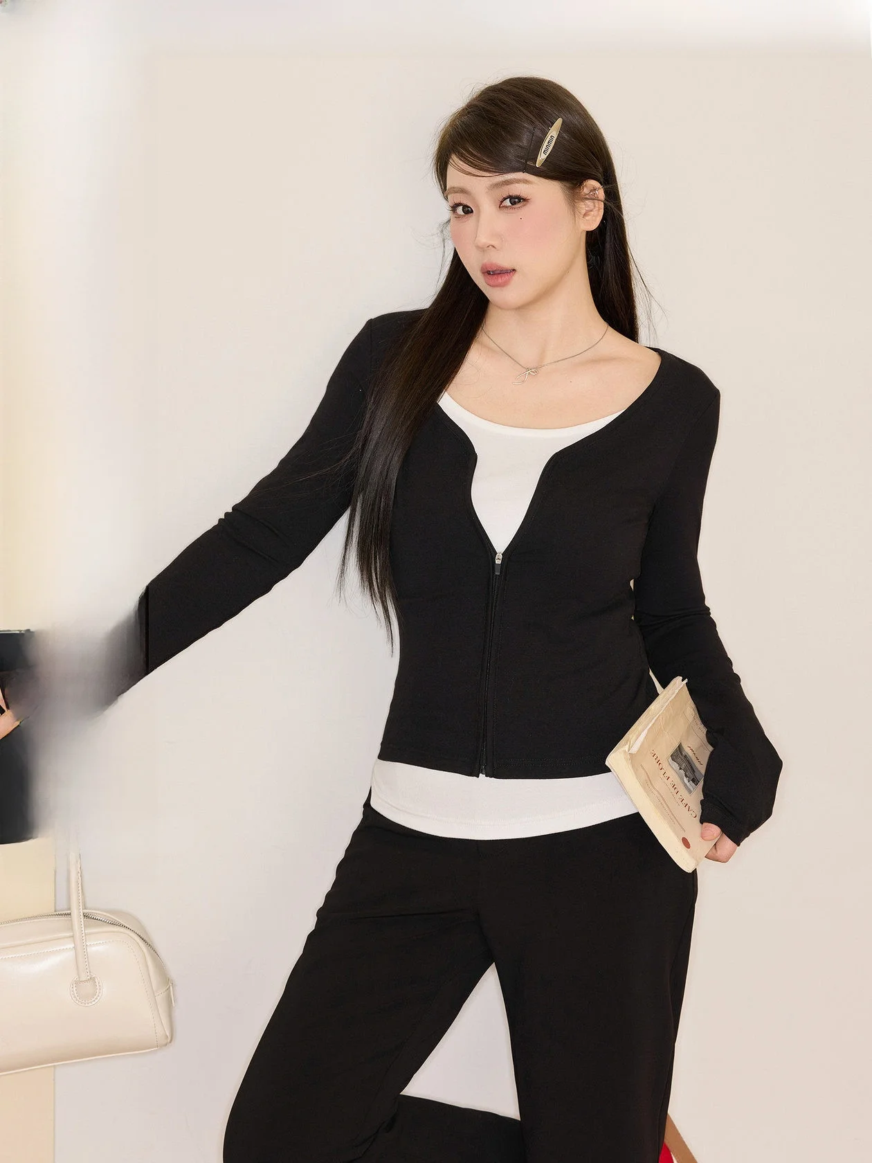 

Jiulu Studio "Super Premium Fit" Color Blo Long Sve Slimming Top for plus Size Women Fake Two-Piece Waist-Cinching Design