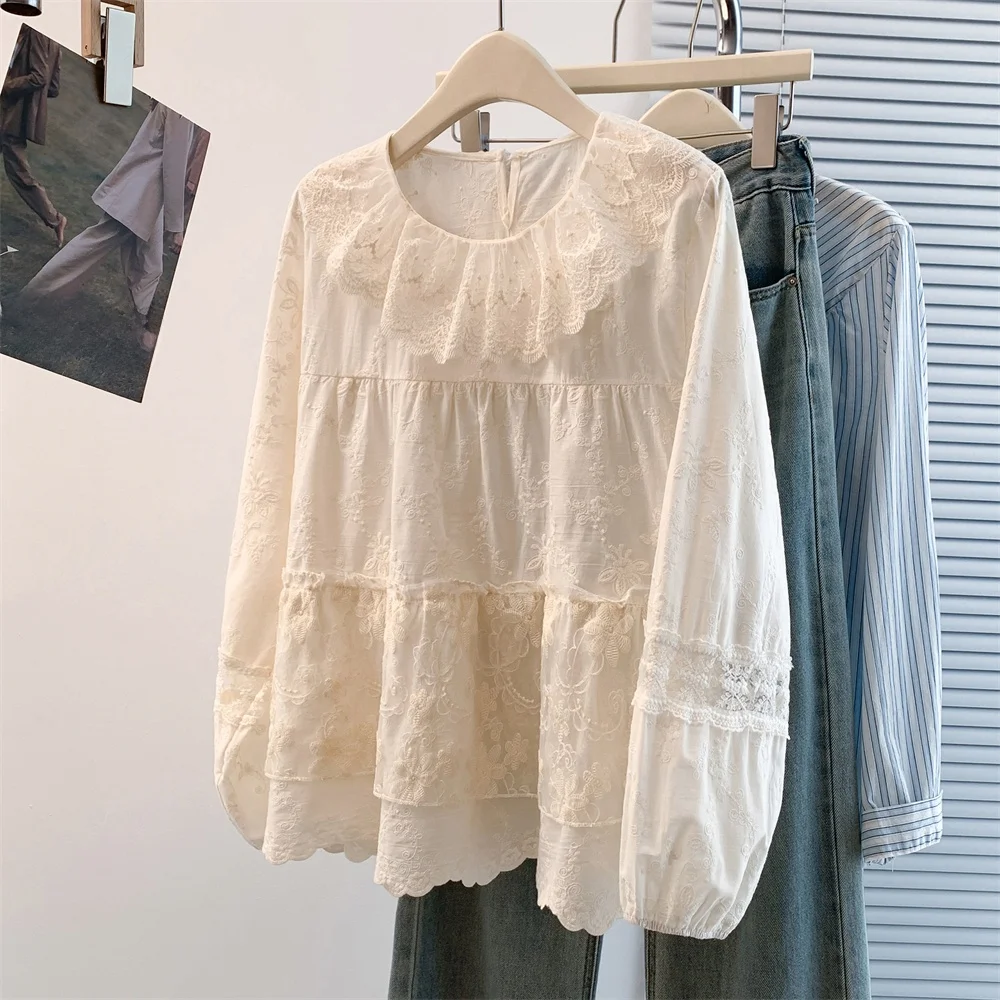 

Spring Summer New Design Lace Splicing Pleated Collar Embroidered Cotton Linen irt Pure Color Breathable Loose Fit Women's ...