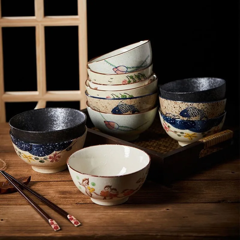 Cuenco de arroz de cerámica de estilo japonés de 5 pulgadas, cuenco de pie alto grueso resistente al calor, vajilla artística con patrón creativo, suministros de cocina