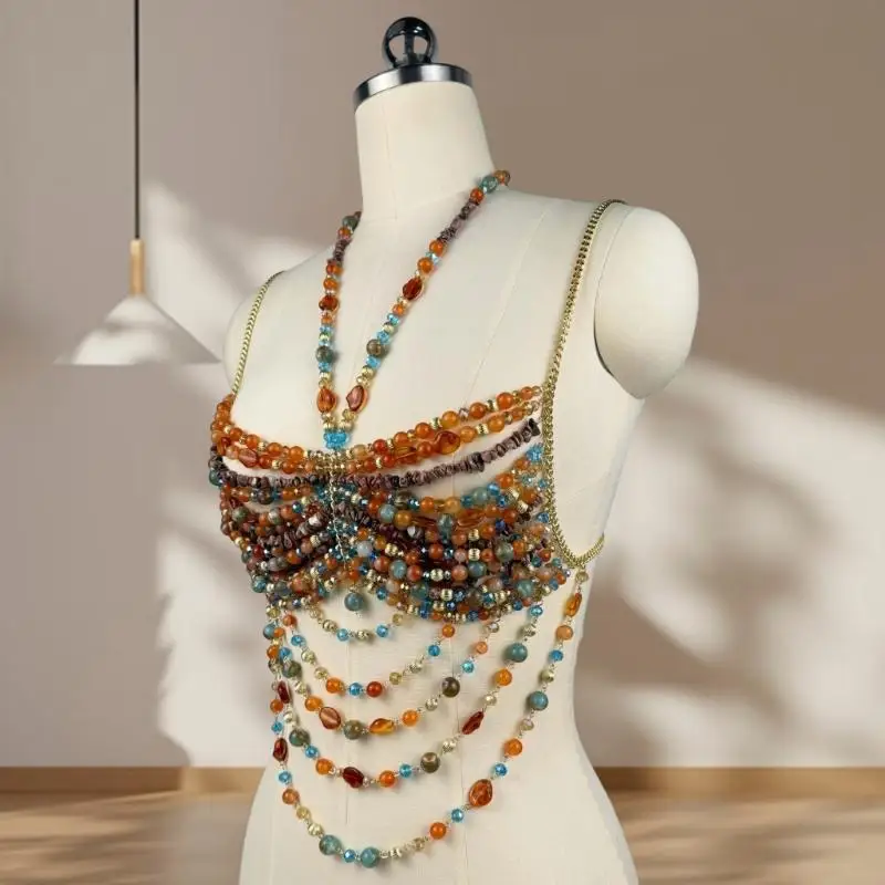 y3ne Halter Neck Crop Top with acrylic multiclor multicalor body body body chain chain stair form