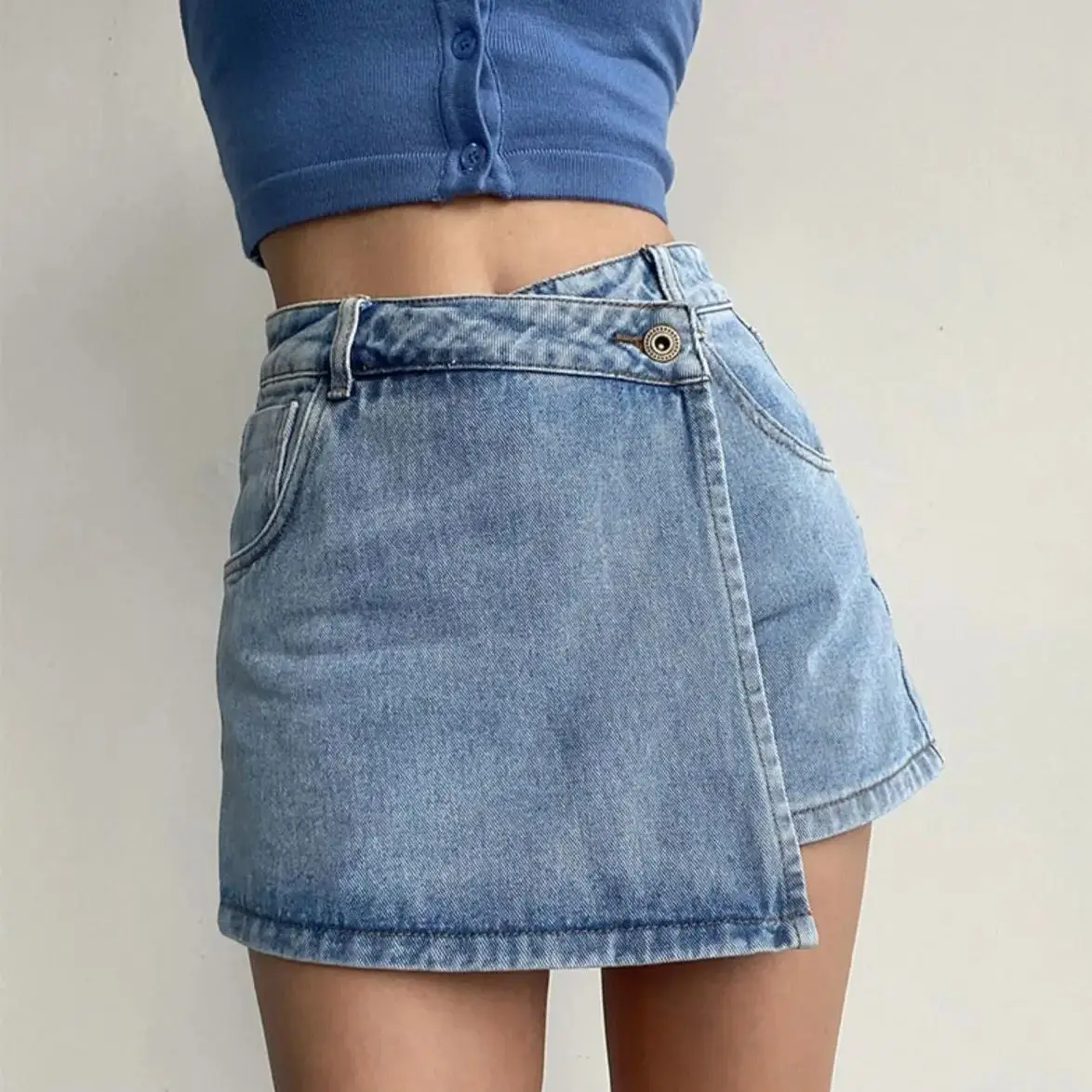 

Mini Denim Skirts Asymmetrical culottes Women Slim Chic Vintage New Summer Large size Streetwear Design Student Harajuku Y2k