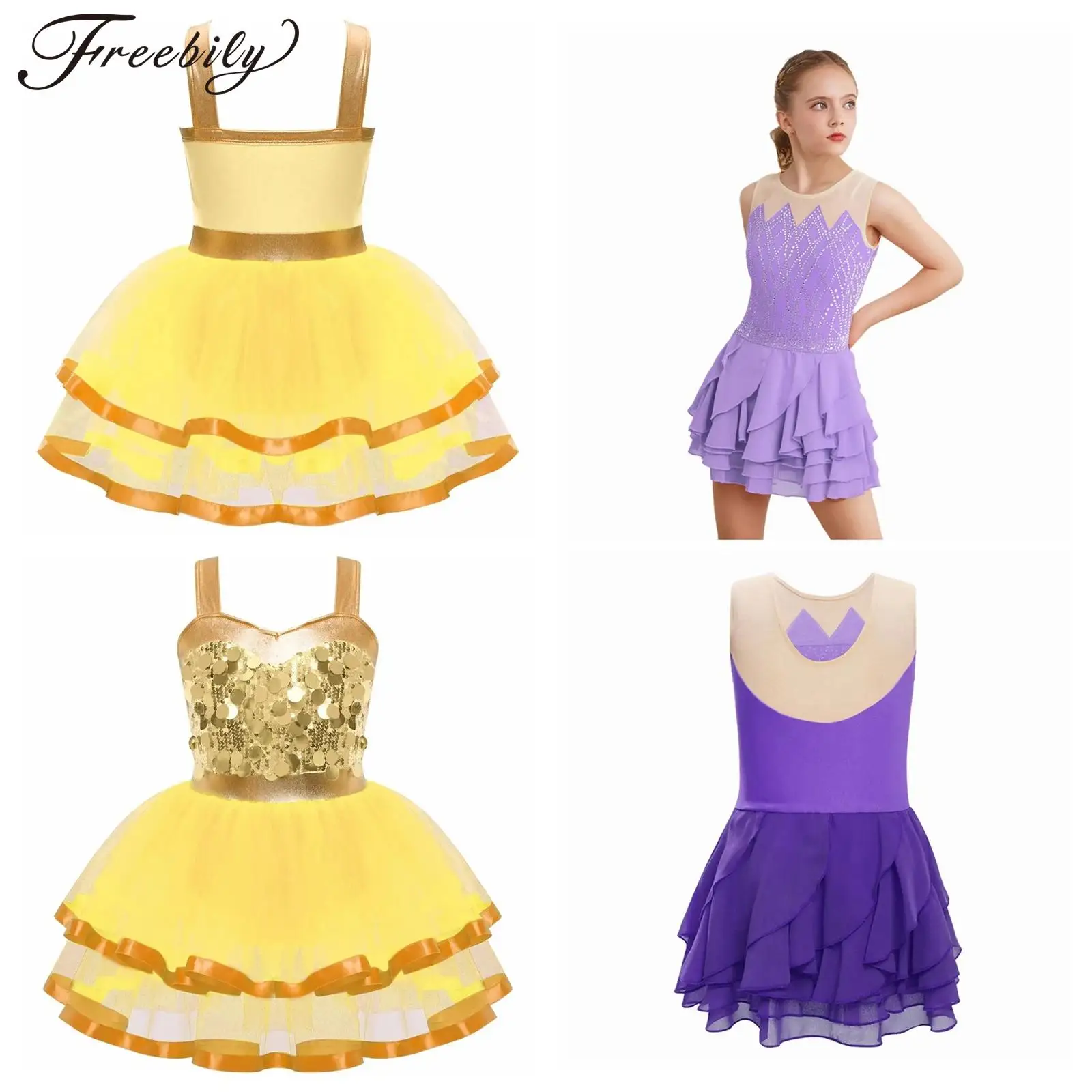 

4-16y Girls Ballet Tutu Dress Children Jazz Dance Costume Sequins Leotards Mesh Kids Rhythmic Gymnastics Figure Skating Dress