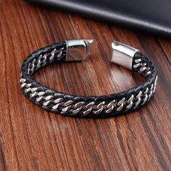 Pulseiras de corda trançada para homens, couro preto, estilo punk, pulseira de aço inoxidável para amigo, joias da moda