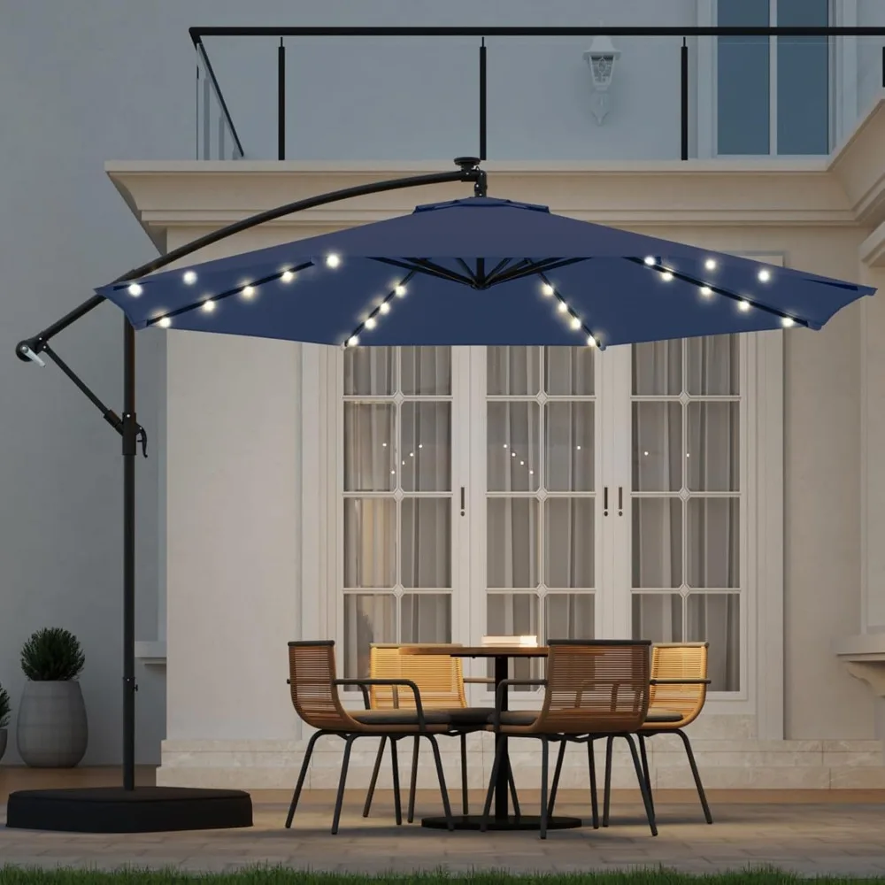 

10FT 40-LED Solar Lighted Patio Umbrella with Base Included, Outdoor Offset Cantilever Umbrella, Infinite Tilt, Customized