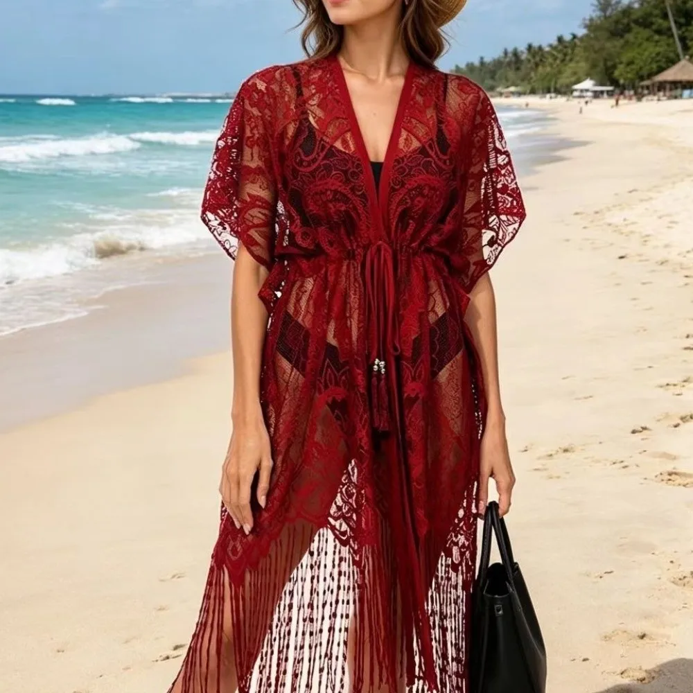 Breathable Lace Mesh Sunscreen Beach Cover Up Floral Tassel Bohemian Shawl Plus Size Transparent Swimsuit Cover Up Summer