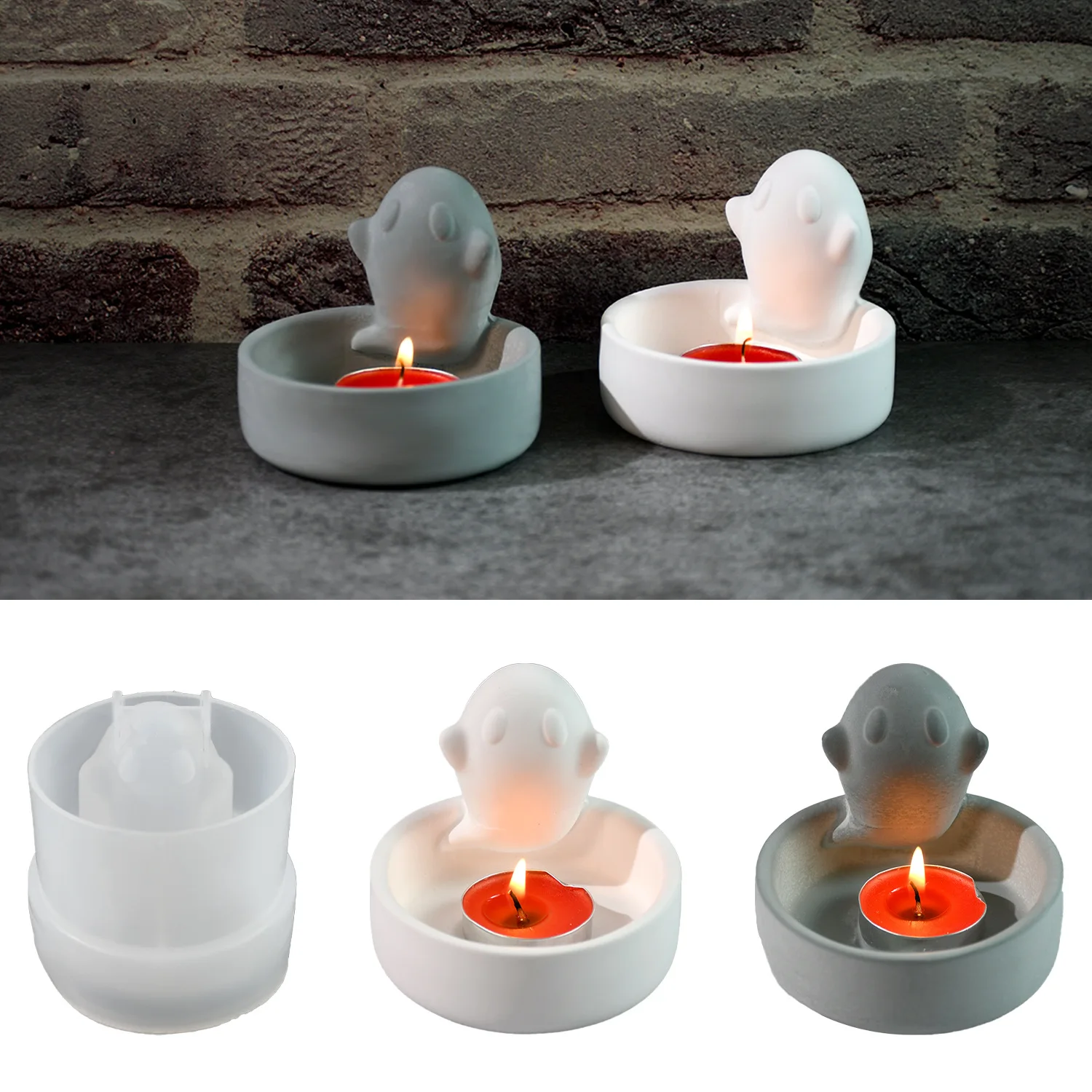 Cute Ghost Candle Holder Mold Handmade Resin Art Candlestick Mold Tea Light Holders Halloween Decorative Candlestick DIY