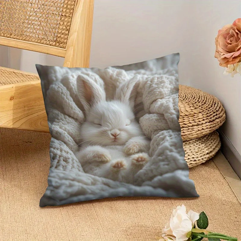 Customize 1pc Fluffy White Angora Bunny Sleeping on Soft Blanket Printed Short Plush Cushion Cover 18X18 Inches (45X45Cm) – Zipp