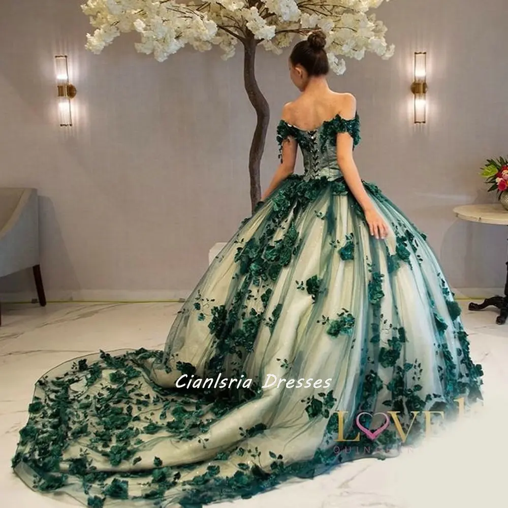 Изумрудно-зеленый бальный наряд с 3D цветами, платья для Quinceanera, с открытыми плечами, Цветочная аппликация, корсет для милой вечеринки для девушек 15