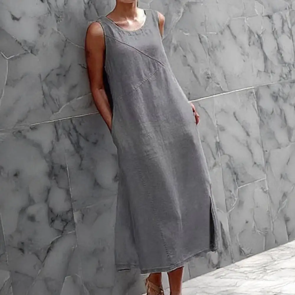 Women Polyester Dress Elegant Maxi Dress with Pockets for Women Loose Crew Neck Tank Dress for Beach Vacation Long Sundress
