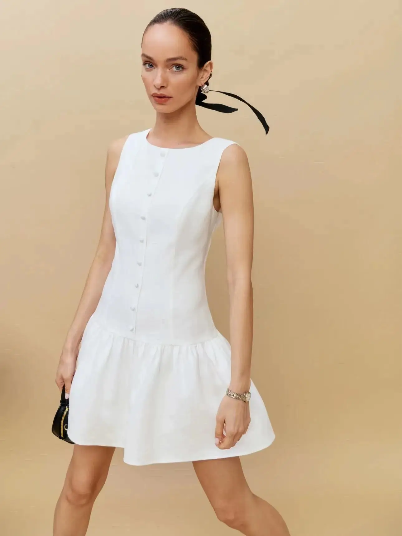 Knee-length Dress for Women 2024 New Spring Linen O-neck High Slim Waist Casual Sleeveless A-line Robes