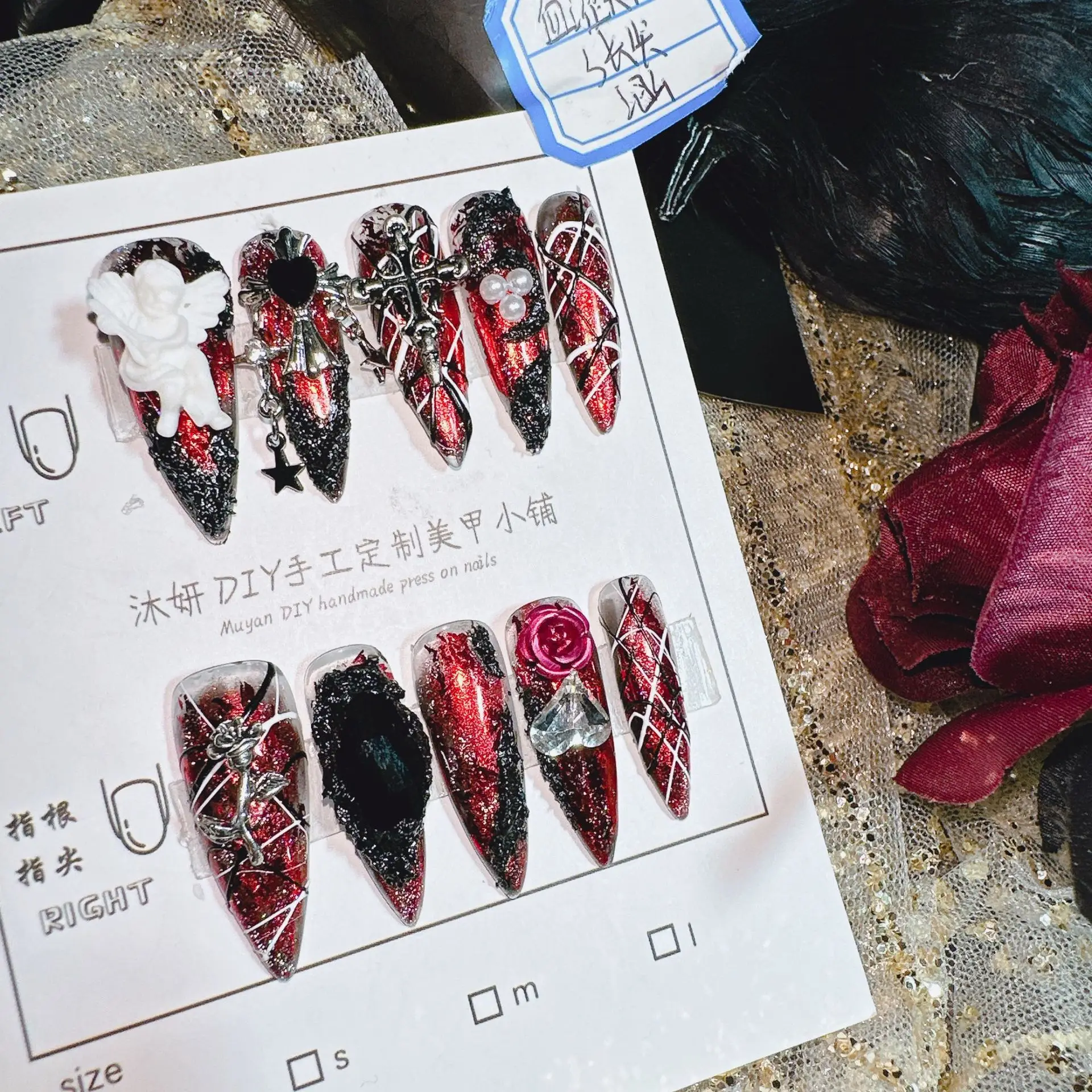 

Готический кровавый ангел Пресс на ногтях с металлическим крестом 3D Ангел различных размеров Кроваво-красный Черный Ангел Крест Роза Дизайн