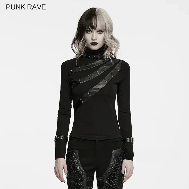 PUNK RAVE Women's Punk Asymmetric Segmentation T-shirt Faux Leather Stripes Paired with Eyelets Slim High-neck Personality Top