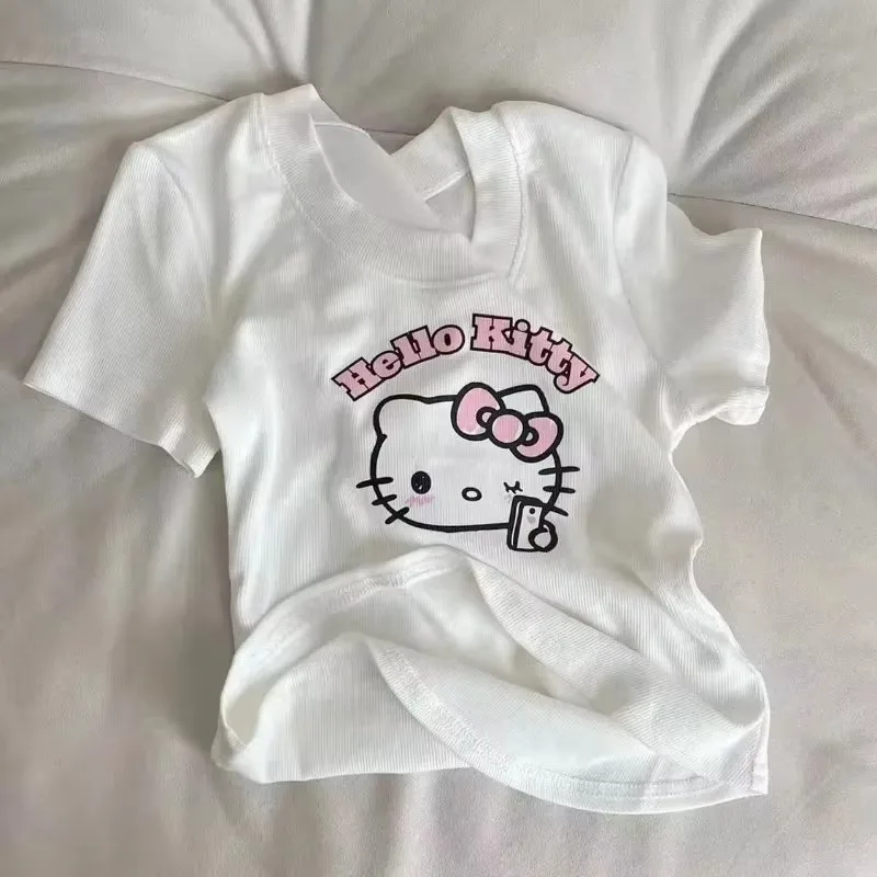 Cute Hello Kitty Cartoon Anime Printing T Shirt Short-sleeved Blouse Shorts Two-piece Kids Summer Suit Cropped Top Slim-fit New