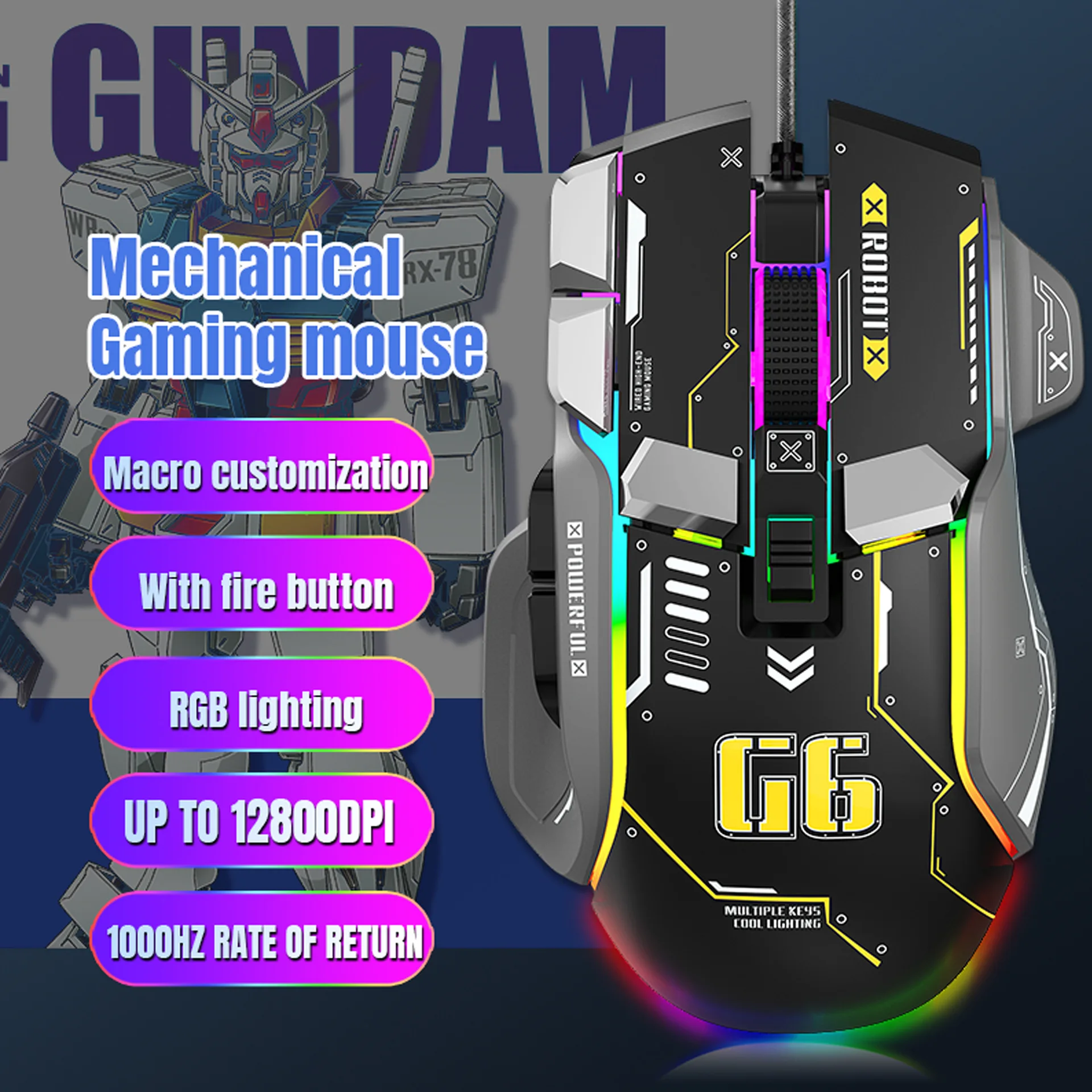 

HXSJ G6 10 Keys Wired Gaming Mouse Macro Programming 13 RGB Lighting Modes 6 Gears 12800dpi Adjustable