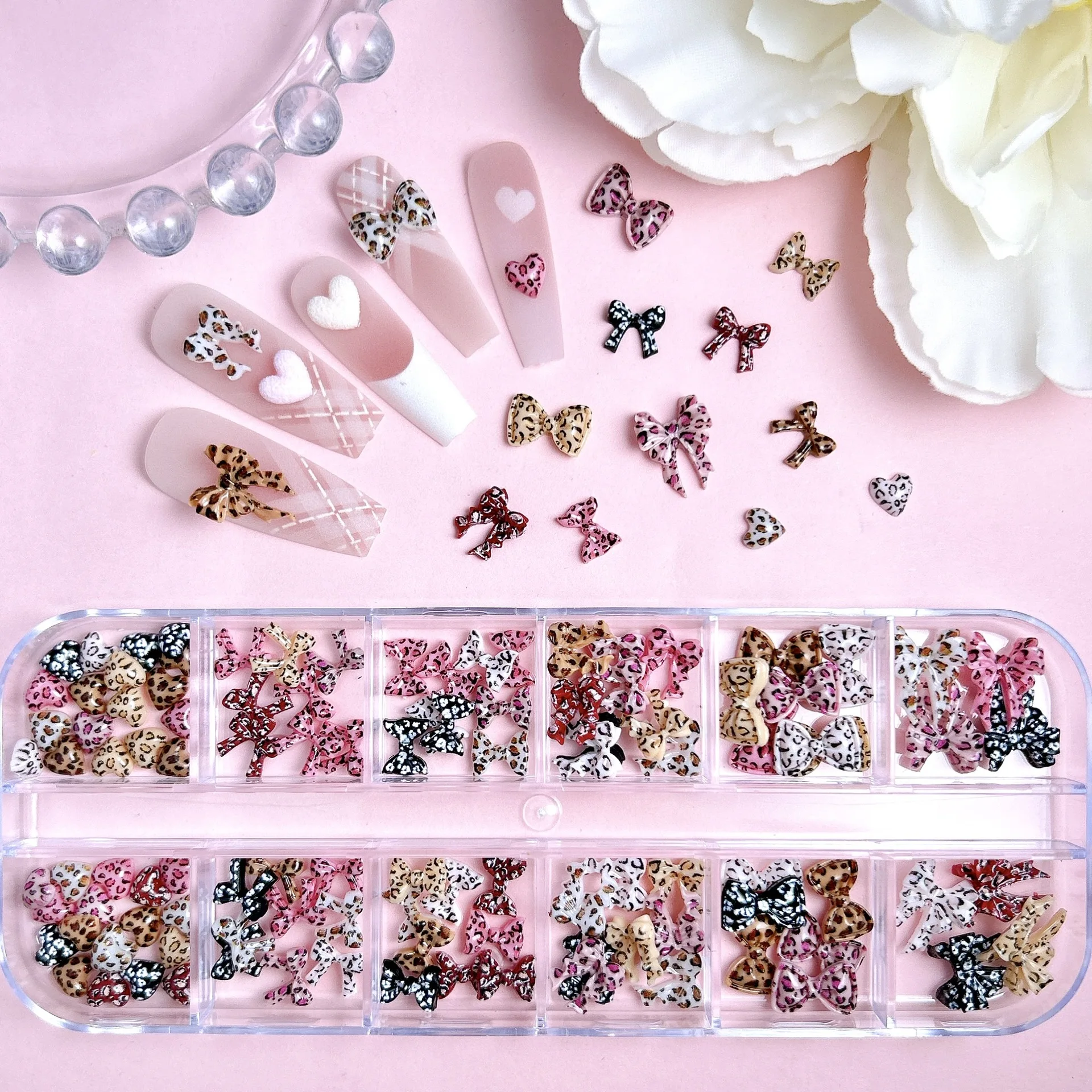 1Box Hot Selling Leopard Print Ribbon Bow Resin Nail Charms 3D Flat Bottomed Colorful Spotted Heart Nail Art Decorations for DIY