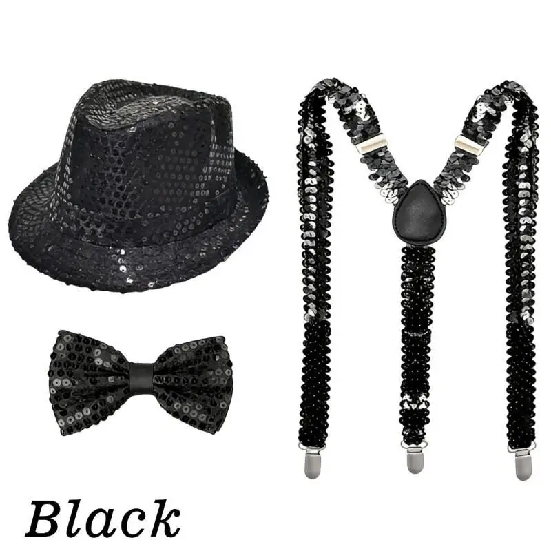 Retro 1970s 3 Piece Disco Performance Set Black Red Silver Sequin Hat Tie Suspenders Classic Men Party Stage Costume Accessory