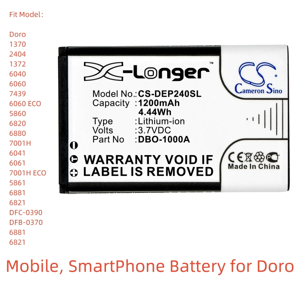 

Li-ion Mobile, SmartPhone Battery for Doro,3.7V,1200mAh,1370 2404 1372 6040 6060 7439 6060 ECO 5860 6820 6880 7001H 6041 6061