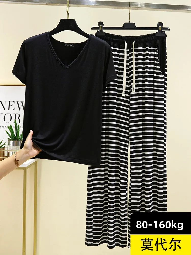 

Modal V-Neck Short Sleeve Sleepwear Set Women Summer Thin Striped Pants Casual plus Size Home Clothes Two-Piece Set