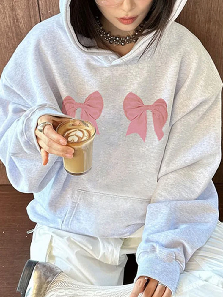 Women Hoodies Harajuku Fashion Hooded Sweatshirt Ladies Autumn Oversized Bow Print Top Female Casual Loose Full Sleeve Hoodie