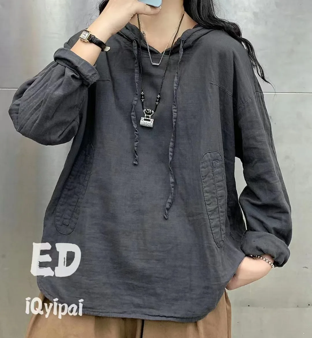 Vintage Loose Wide Bamboo Cotton Hooded T-shirt For Women Pullover Undershirt with Hat Casual Bottoming Female Tops Shirt Femme