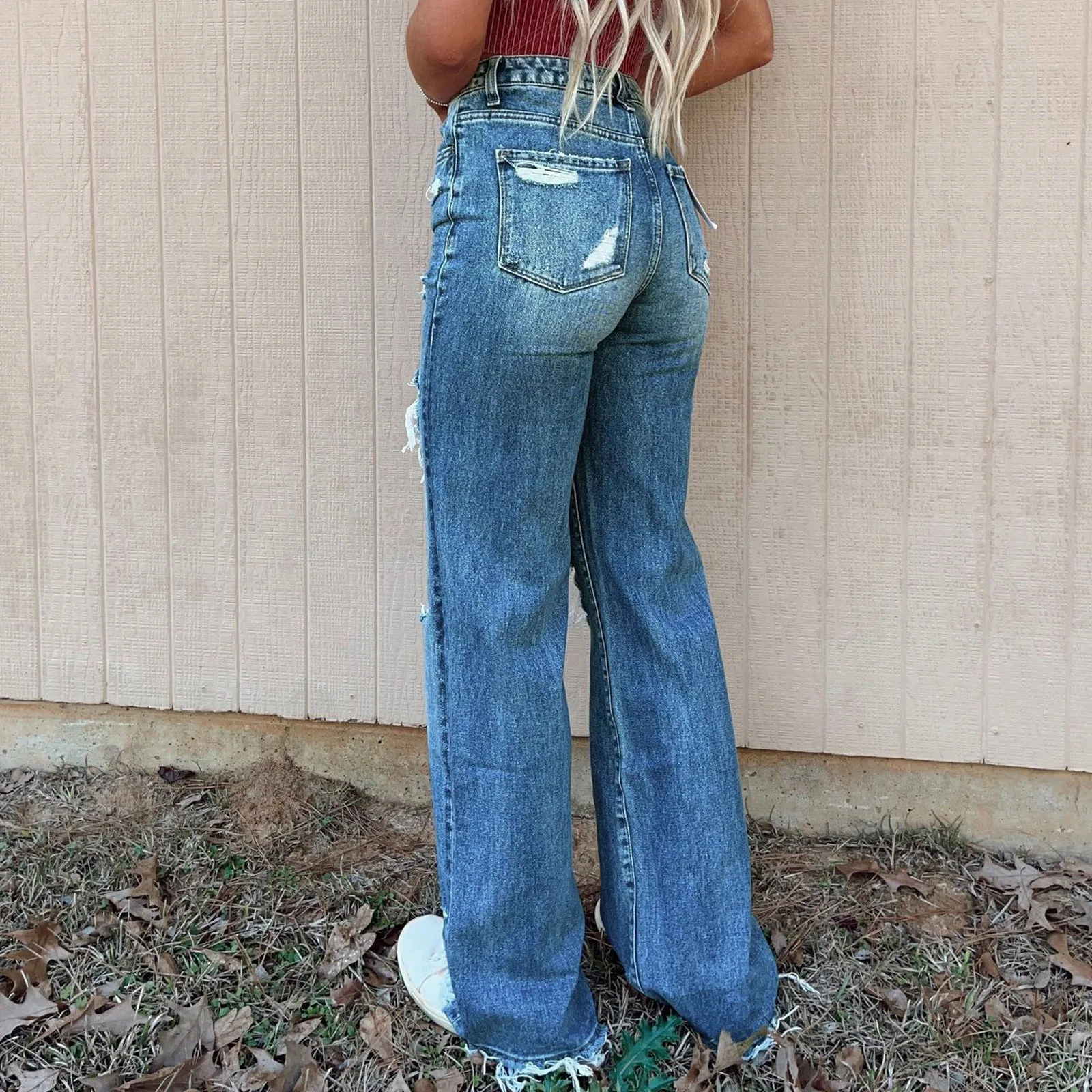 متوهج الجينز الربيع والخريف السراويل ممزق الجينز النسائية الجينز مستقيم الساق مريح العمل السراويل النساء Y2k فضفاض الجينز Pantalones #2