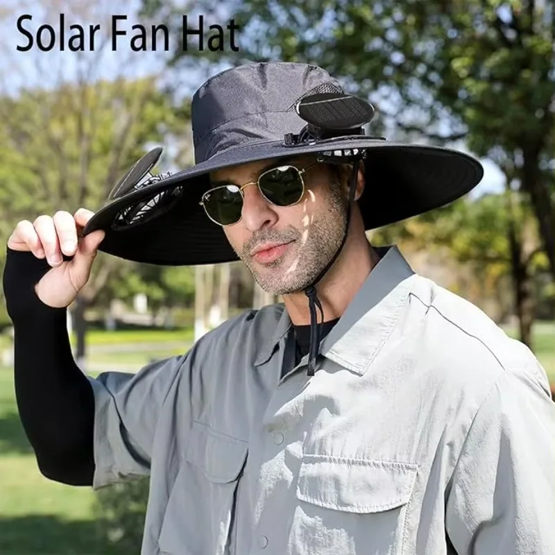 Rechargeable Wide Brim Fishing Cap Camping Solar Fan Hat with 2 Solar Pans & UV Protection for Men Women