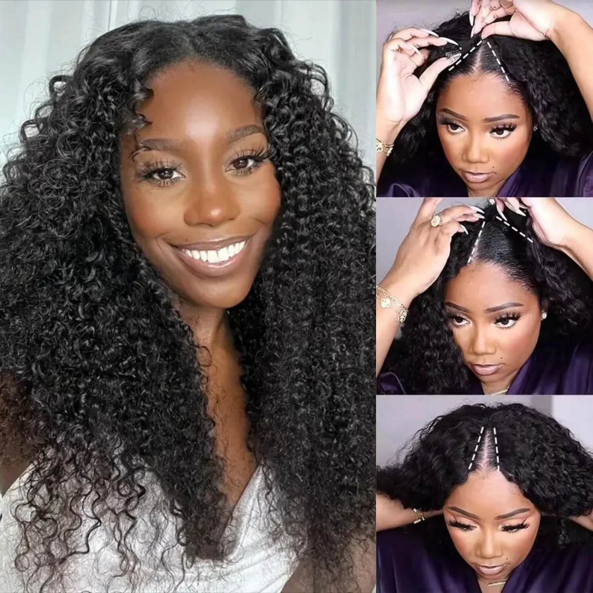 

Парик V-образной формы из натуральных бразильских волос, кудрявый, без выреза, 14-22 дюйма, машинного плетения, для женщин, натуральный цвет