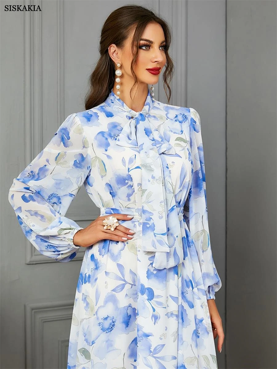 Siskakia Fashion Elegant Blue Chiffon Printing Party Dress Moroccan Caftan For Women Jalabiyat Turkish Islamic Belted Clothing