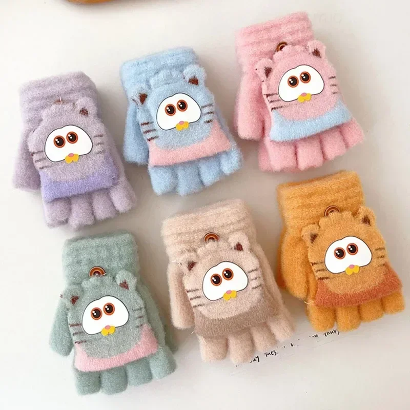 Cute Children Half Finger Gloves Autumn Winter Flip Cover Warm Boy Girl Student Mittens Cartoon Kids Writing Cycling Gloves 4-8Y