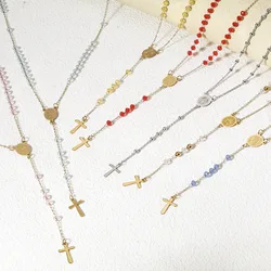 304 Stainless Steel & Glass Beads Religious Handmade Link Chain Necklace Gold Color Cross Virgin Mary Charms 54cm(21 2/8