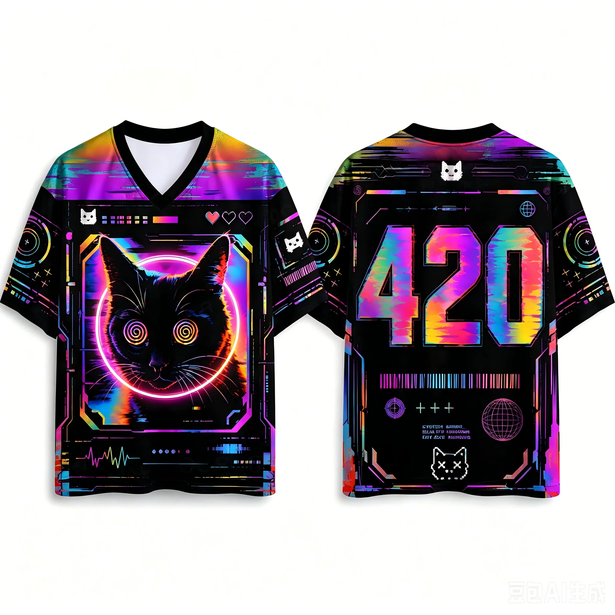 Trendiger Bestseller 2026 Mode Cyberpunk Kitten Fitness-Trikot Hawaiianisches Casual Hip-Hop V-Ausschnitt T-Shirt Wander- Alltags- Street-Sport-Oberteil – Detail 5
