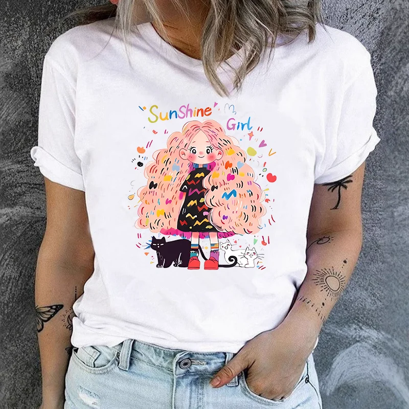 Women Sunshine Girl Graphic T‑Shirt Colorful Cartoon Girl With Cats Print O‑Neck Short Sleeve Tee Casual Fashion Female Daily