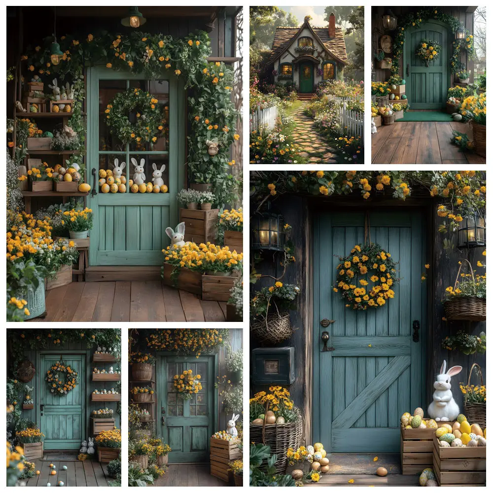 Spring Easter Photography Backdrop Garden Flower Rabbit Egg Bunny Wooden Door Floral Kids Birthday Party Background Photo Studio