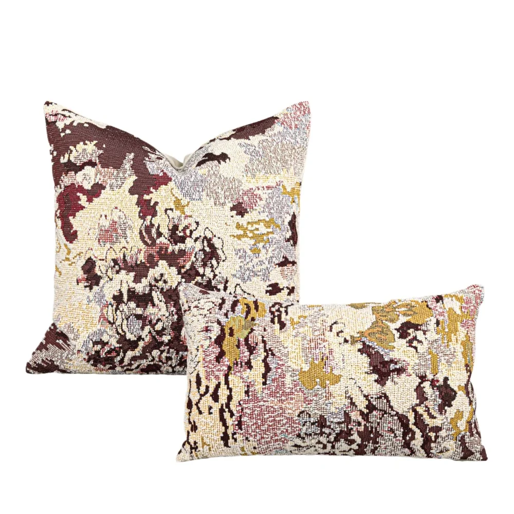 

French Style Purplish Red Cushion Cover Wool Blend Abstract Geometric Jacquard Pillows Case Decorative For Sofa Living Room Home