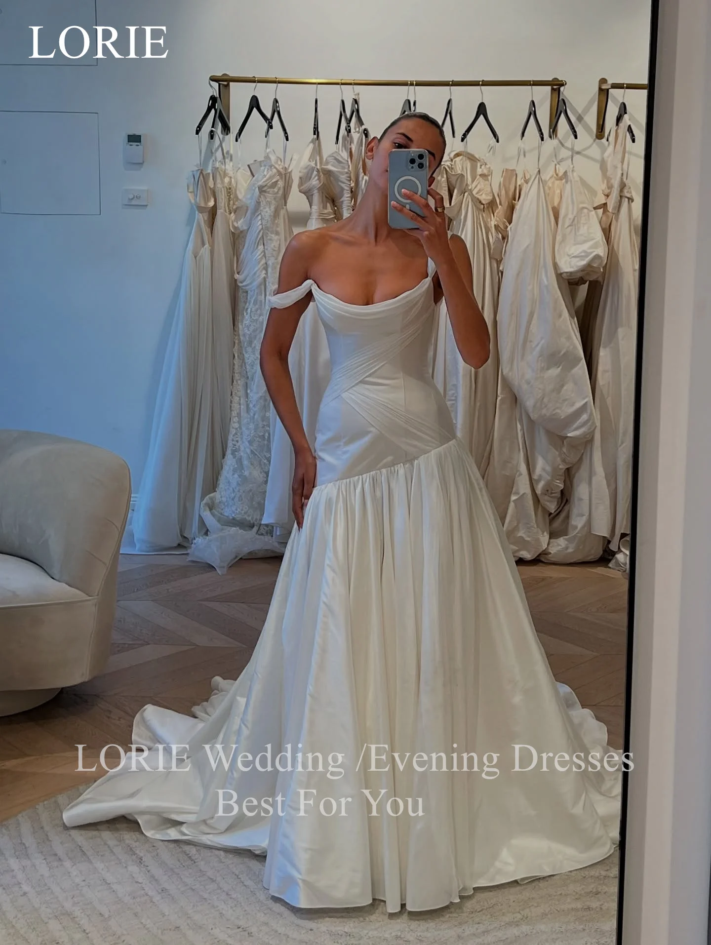 Lorie elegante cetim fora do ombro vestidos de casamento drapeado a linha noiva vestido de baile chique longo trem vestidos de noiva personalizado