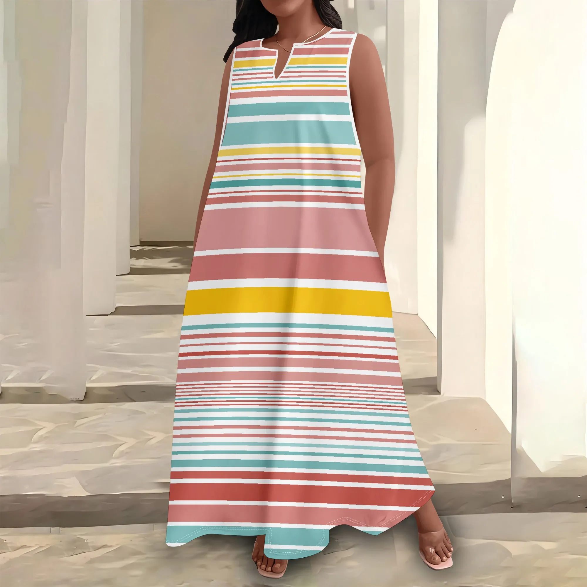 

Plus Size Women's Summerl Fashion Printed striped gridAfrican Style Sleeveless Round V Neck Dress Loose And Casual Dress