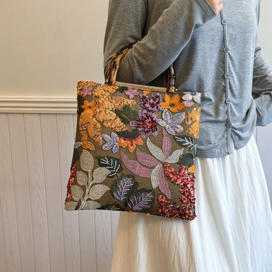 Fashion Sequins Embroidery Large Tote Bags Bamboo Handle Women Handbags Flower Summer Beach Top-Handle Bag Shopper Purse Сумка