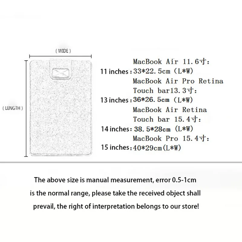 iPad Tablet Tasche Filz Polyester Abdeckung 11/12/13/15 Zoll Einfarbig Tablet Taschen Neue Mode Klett Filz Tasche