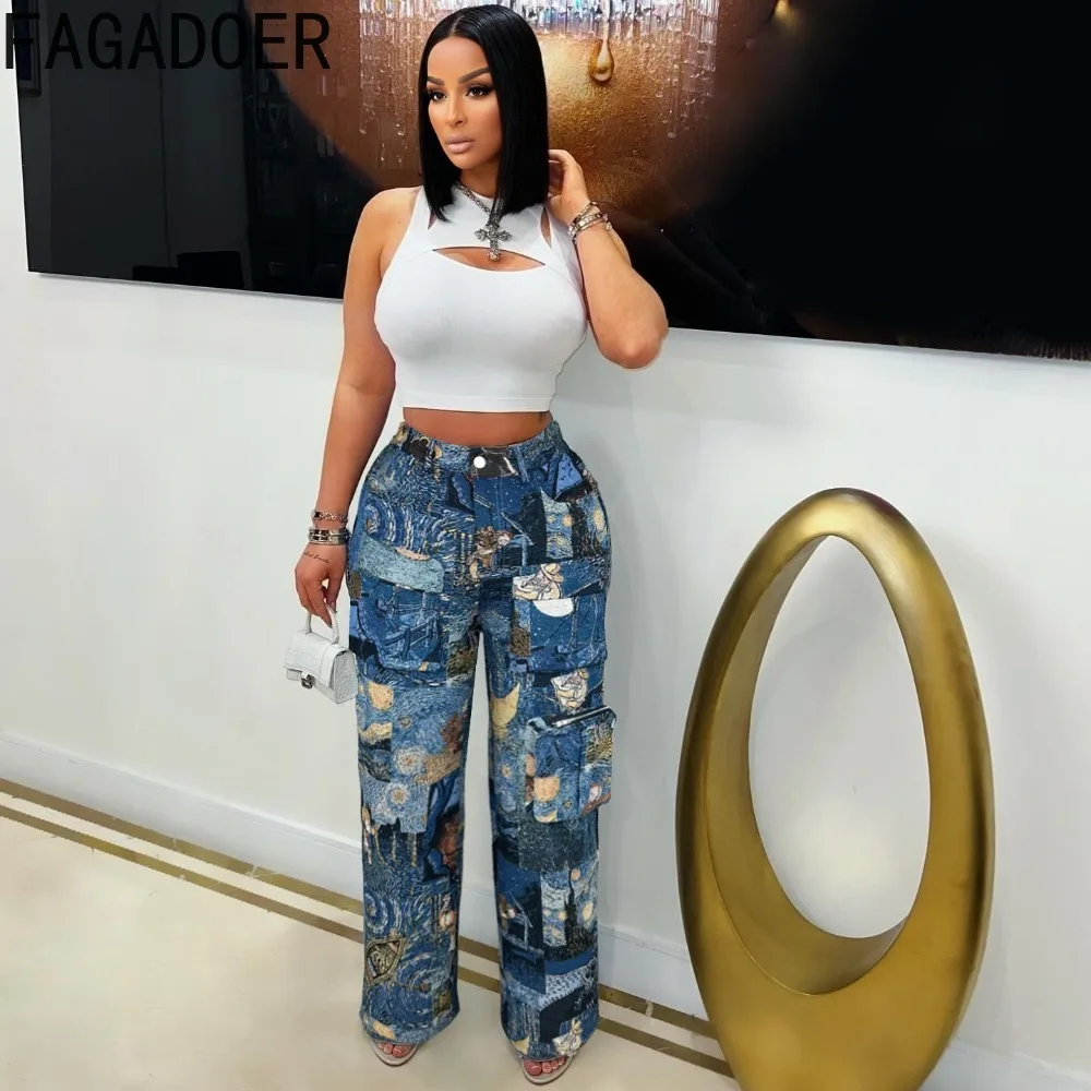 FAGADOER Fashion Retro Tie Dye Printing Pocket Cargo Pants Women High Waisted Button Straight Trousers Female Bottoms Streetwear