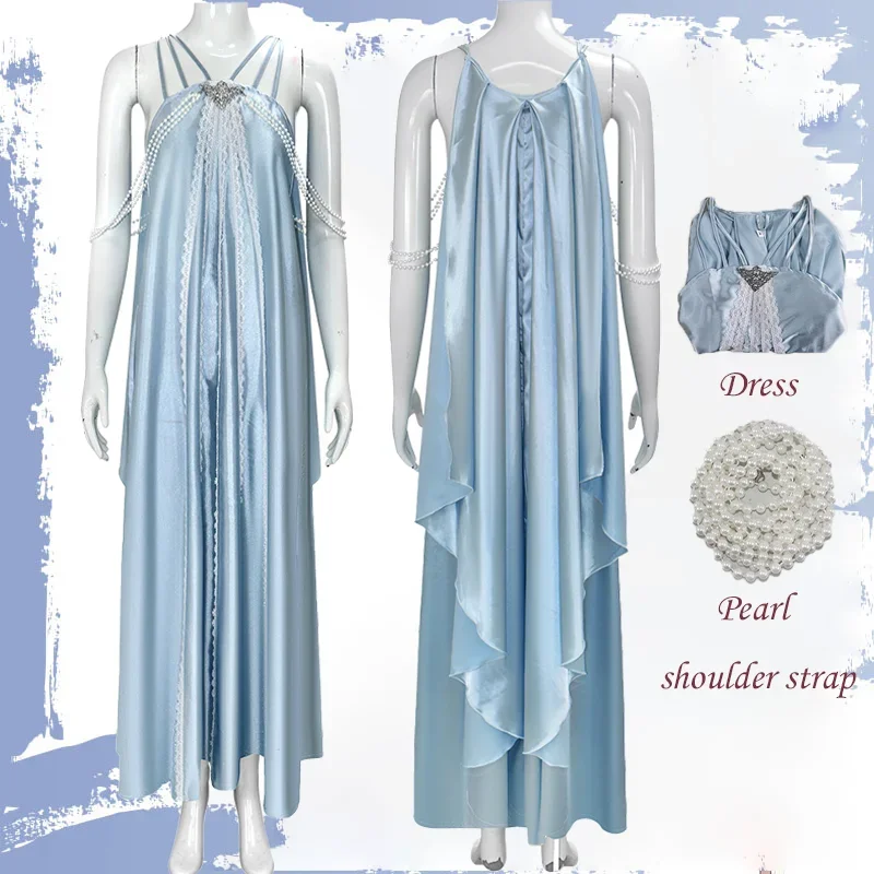

CosplayMovie Padme Cosplay Amidala Princess Costume Bule Long Dress Pearl Shoulder Strap Outfit Halloween Carnival Suit for Adul